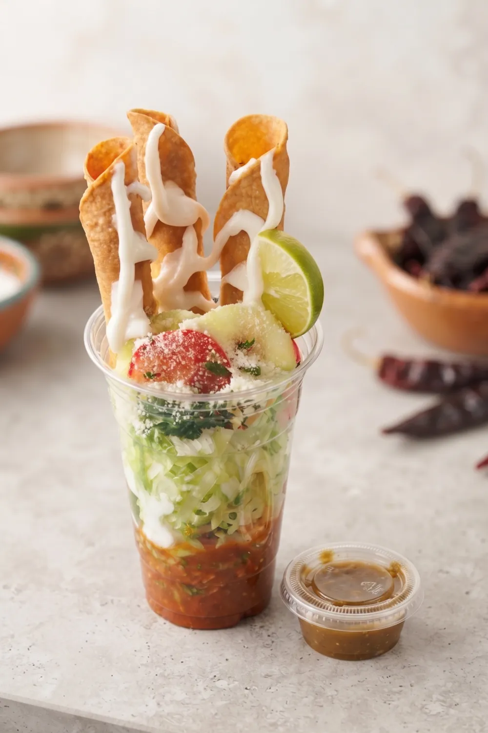 Flautas en vaso de El Tacotlán — flautas de pollo doradas sobre salsa roja con lechuga, tomate, queso fresco, crema y limón